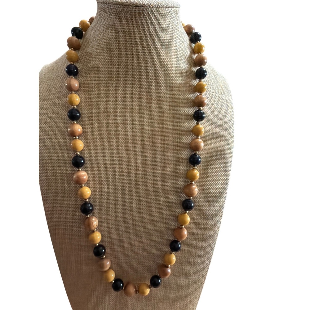 Vintage Beaded Necklace Wood Mustard Yellow Black Earthy Tones Boho Handmade